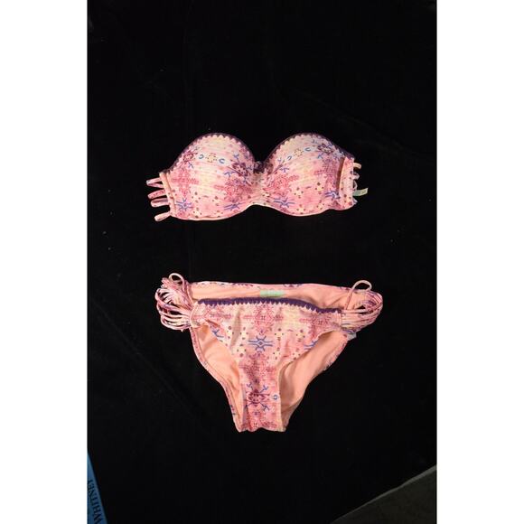 GB Pink Aztec Print Bandeau Bikini Swimsuit Side Skimpy Straps Crochet Edge Sz M - Picture 3 of 8